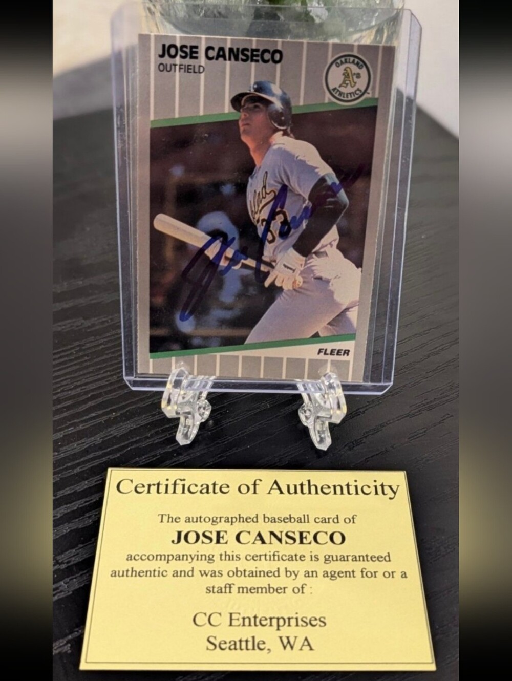 Jose Canseco Signed Fleer Baseball Card Auto w/ COA Oakland Athletics